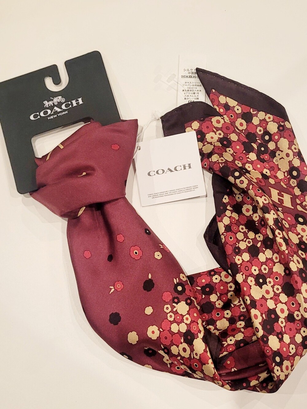 COACH Burgundy Floral 100% Silk-Scarf